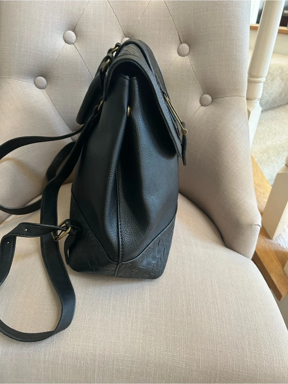 Darcy Marks Black Texture Leather Backpack with Gold Buckle